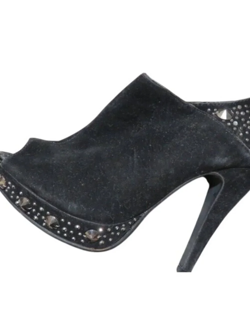 Italina Black Suede Embellished rhinestones studs Peep toe booties ankle boots